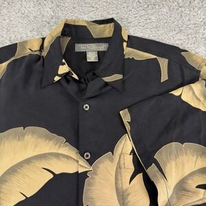 Tori Richard Honolulu Mens Silk Camp Shirt Black Tan Banana Leaf Print Size M